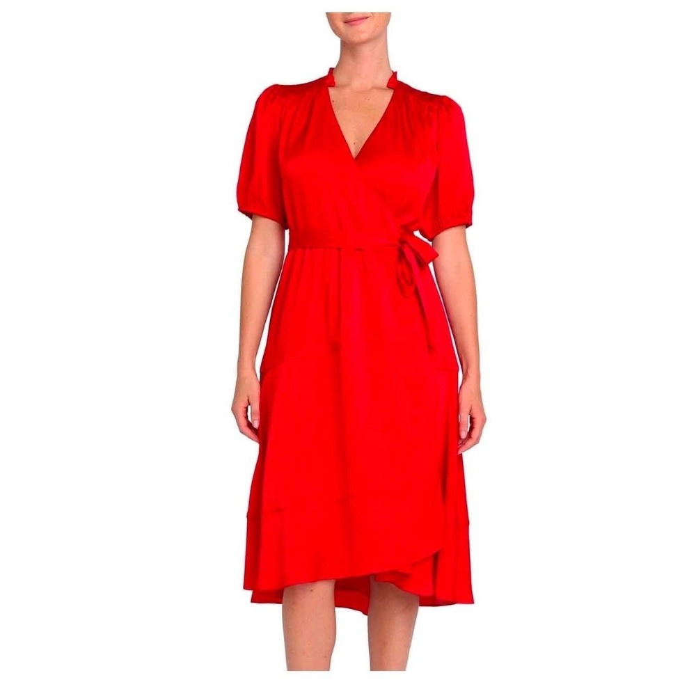 Draper James Red Ruffle Neck Wrap Dress Short Puff Sleeve Midi Medium NWT